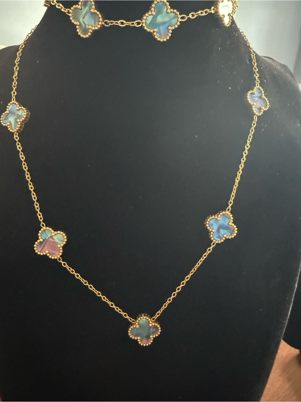 Gold-Tone Clover Station Necklace and Bracelet Set with Multicolor Inlays